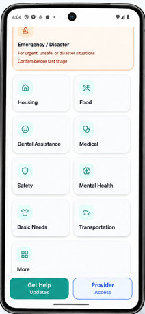 Ancimed mobile app: Emergency and Disaster banner, service categories including Housing, Food, and Medical, with Get Help Updates and Provider Access.